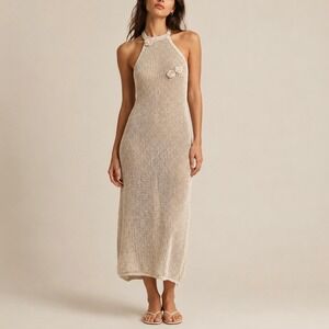 Beige Crochet Knit Halter Maxi Dress M Rosette Floral Open Back Boho Beachwear